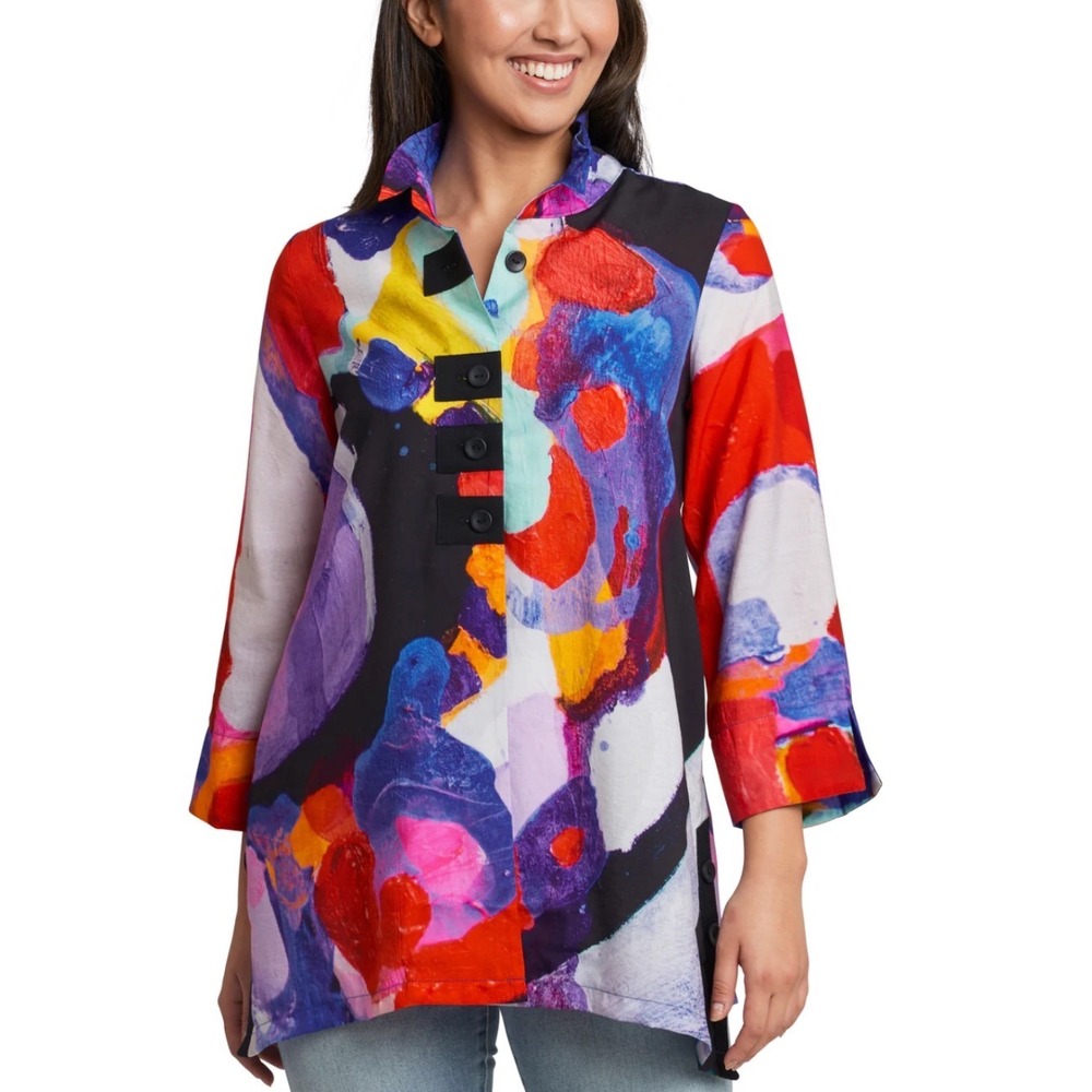 Claire Desjardins Womens Blouse XL Try Me Abstract Multicolor Wire Collar Top